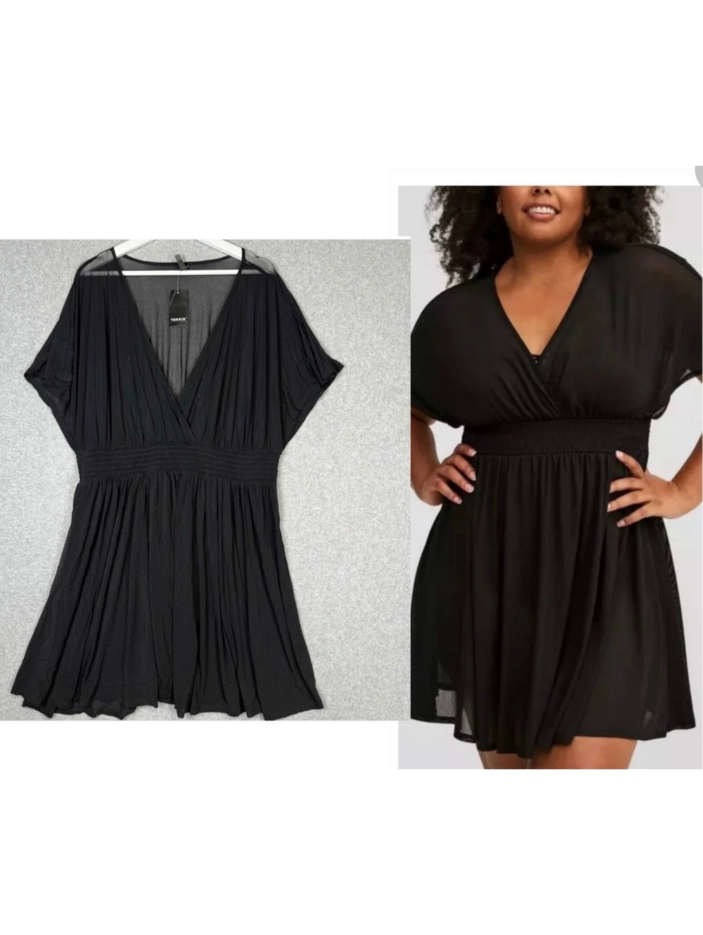 Torrid 2 (2X 18/20) Black Mesh Smocked Waist Swimsuit Swim Cover Up Dress New